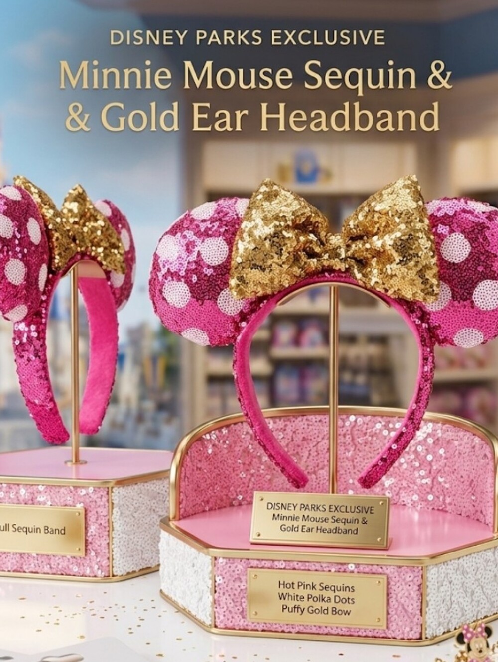 Disney Parks Minnie Mouse Hot Pink Sequin Polka Dot Ears Gold Bow Headband